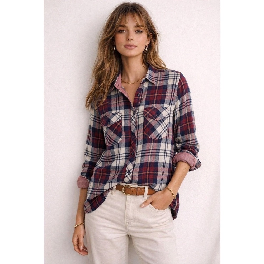 Rails Hunter Plaid Button Down Shirt Navy Burgundy Cream Size S
